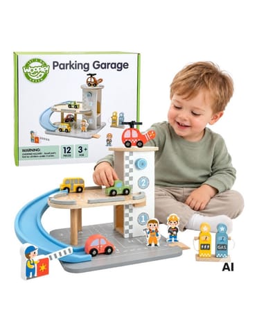 ⁨WOOPIE GREEN Drewniany Parking Piętrowy 2w1 Stacja Benzynowa z Autkami i Figurkami 12 el. FSC⁩ w sklepie Wasserman.eu