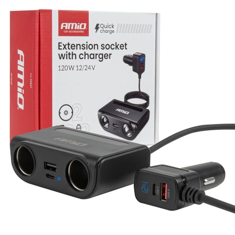 ⁨Rozdzielacz gniazda zapalniczki z ładowarką usb-c usb-a qc3.0 pd3.0 120w amio-04837⁩ w sklepie Wasserman.eu