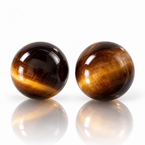 ⁨Kolczyki ze stali szlachetnej pozłacanej 14k złotem KULKI 12mm kamienie TIGER STONE KST3767⁩ w sklepie Wasserman.eu
