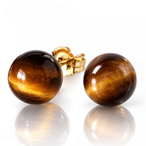 ⁨Kolczyki ze stali szlachetnej pozłacanej 14k złotem KULKI 8mm kamienie TIGER STONE KST3768⁩ w sklepie Wasserman.eu