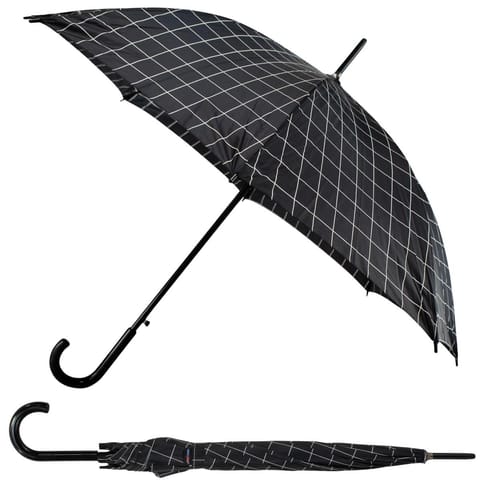 ⁨PARASOL DŁUGI PÓŁAUTOMATYCZNY Z ZAWIJANĄ RĄCZKĄ CZARNY Z BIAŁĄ KRATĄ SEMI LINE⁩ w sklepie Wasserman.eu