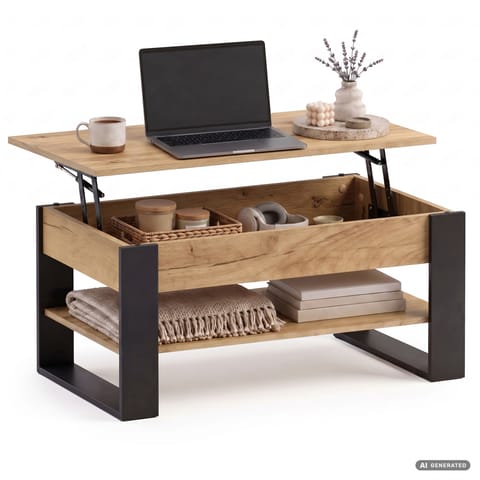 ⁨Stolik kawowy z podnoszonym blatem DENVER 92 cm prostokątny z półką Dąb Craft czarne nogi⁩ w sklepie Wasserman.eu