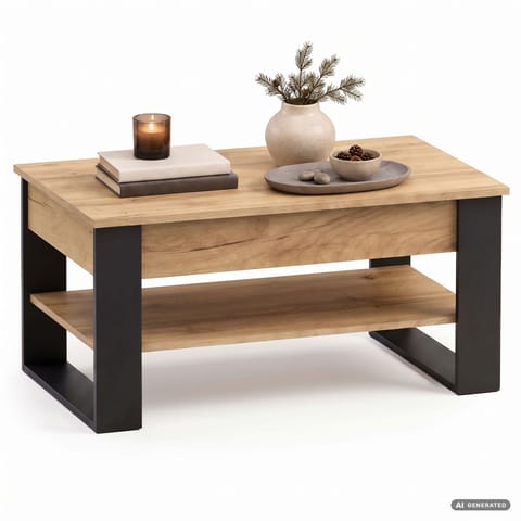 ⁨Stolik kawowy z podnoszonym blatem DENVER 92 cm prostokątny z półką Dąb Craft czarne nogi⁩ w sklepie Wasserman.eu