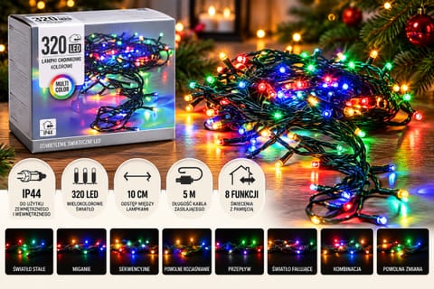 ⁨Lampki, światełka choinkowe 320 LED kolorowe zewnętrzne lampki dekoracyjne⁩ w sklepie Wasserman.eu