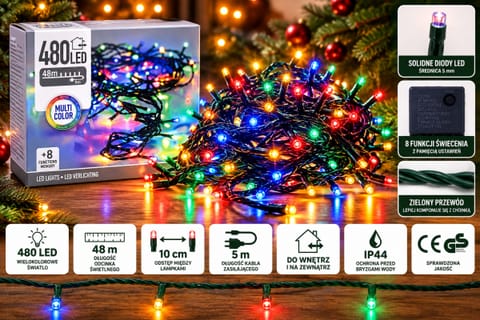 ⁨Lampki choinkowe 480 LED kolorowe 48 m IP44 – zewnętrzne, 8 funkcj⁩ w sklepie Wasserman.eu