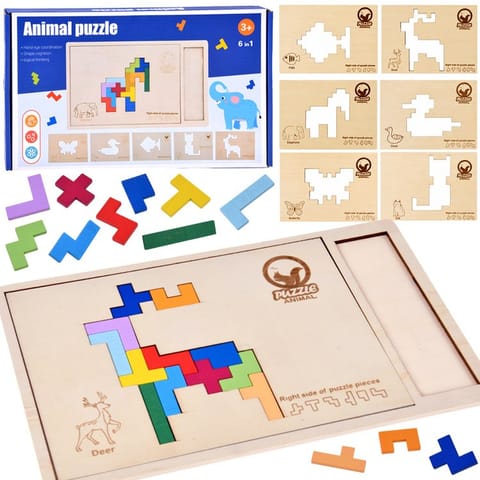 ⁨Drewniana układanka Puzzle TETRIS 6 zwierząt + klocki piksele ZA6244⁩ w sklepie Wasserman.eu