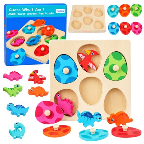 ⁨Drewniana Układanka Edukacyjna Dinozaury Puzzle z Uchwytami Kolorowe⁩ w sklepie Wasserman.eu