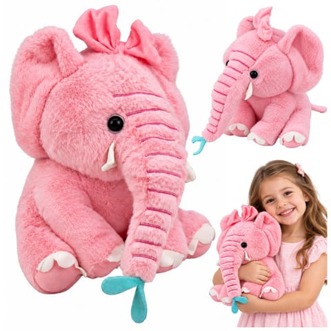 ⁨Pluszowy Słonik Z Kokardką Przytulanka Maskotka Różowy 26 cm⁩ w sklepie Wasserman.eu