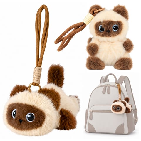 ⁨Pluszowy Kotek Maskotka Brelok Do Plecaka Torby Kremowy Brązowy 12cm⁩ w sklepie Wasserman.eu
