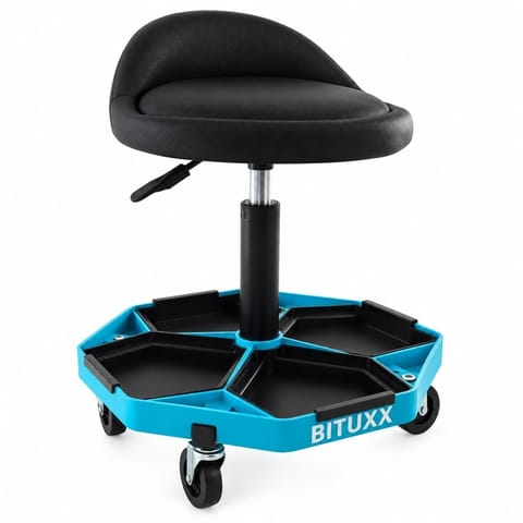 ⁨Stołek warsztatowy BITUXX Pro Line z regulacją wysokości 43-53 cm, wygodnym siedziskiem, 4 kółka⁩ w sklepie Wasserman.eu