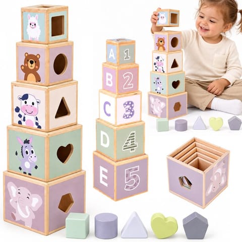 ⁨Drewniana piramida edukacyjna + sorter kształtów 2w1 Stonowany kolor ZA6484⁩ w sklepie Wasserman.eu