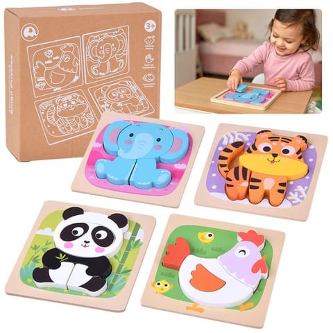 ⁨Drewniane puzzle - zestaw 4 układanek panda, słoń, kura, tygrys ZA6259⁩ w sklepie Wasserman.eu
