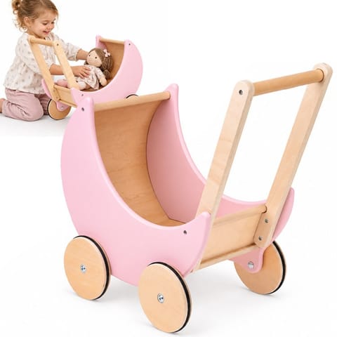 ⁨Wózek dla lalek - drewniany RETRO różowy na dużych kołach ZA6482⁩ w sklepie Wasserman.eu