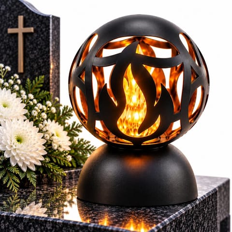 ⁨ZNICZ LED DUŻA KULA PŁOMIEŃ 25 CM CZARNY ELEGANCKA DEKORACJA NA CMENTARZ⁩ w sklepie Wasserman.eu