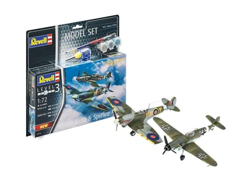 ⁨Model kit 1:72 63710 Messerschmitt Bf109G-10 + Spitfire Mk.V Revell 2pcs. + 3 paints, brush, glue⁩ at Wasserman.eu