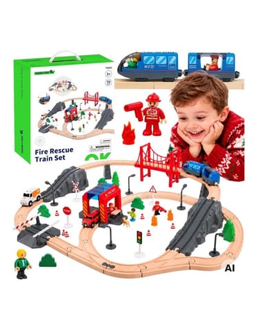 ⁨Tooky Toy Drewniana Kolejka Elektryczna Straż Pożarna Efekty Dźwiękowe 70 el.⁩ w sklepie Wasserman.eu