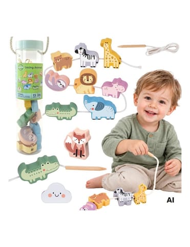 ⁨WOOPIE GREEN Drewniana Nawlekanka Klocki Przeplatanka ZOO Montessori 13 el.⁩ w sklepie Wasserman.eu