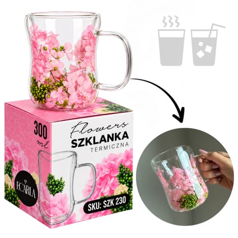 ⁨Szklanka termiczna z kwiatami w środku 300ml 1szt, pełna hortensji, róż i zieleń SZK230⁩ w sklepie Wasserman.eu