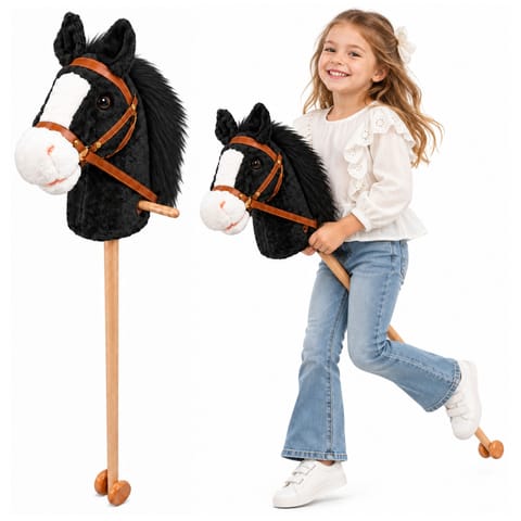 ⁨Koń Na Kiju z Kółkami Hobby Horse Dźwięki Galopu Biało-Czarny 100 cm⁩ w sklepie Wasserman.eu