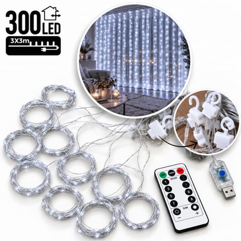⁨Kurtyna świetlna 3x3m, lampki 300 LED druciki + haczyki i pilot, USB kolor BIAŁY LAMP72⁩ w sklepie Wasserman.eu
