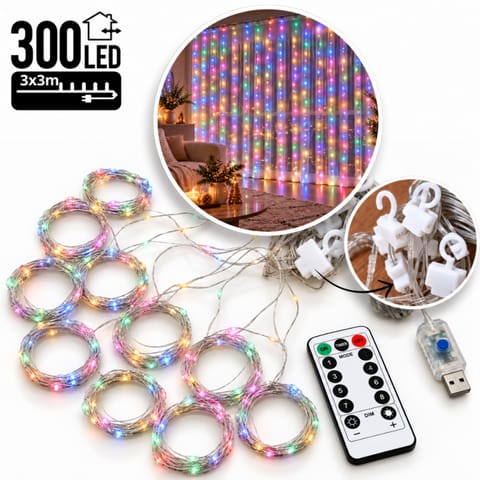 ⁨Kurtyna świetlna 3x3m, lampki 300 LED druciki + haczyki i pilot, USB MULTIKOLOR LAMP73⁩ w sklepie Wasserman.eu