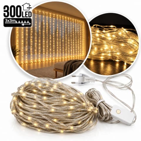 ⁨Kurtyna świetlna 3x3m, lampki 300 LED żyłki + programator, kolor CIEPŁY BIAŁY LAMP64⁩ w sklepie Wasserman.eu