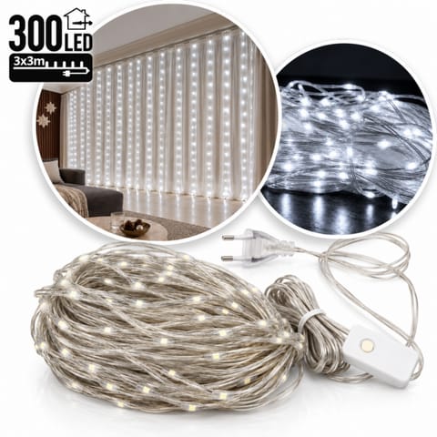 ⁨Kurtyna świetlna 3x3m, lampki 300 LED żyłki + programator, kolor BIAŁY LAMP65⁩ w sklepie Wasserman.eu