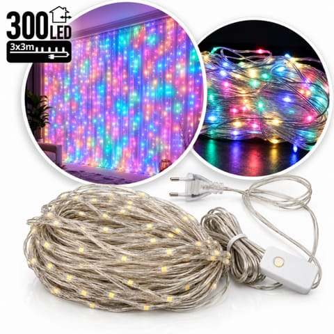 ⁨Kurtyna świetlna 3x3m, lampki 300 LED GRUBY KABEL + programator, kolor MULTIKOLOR LAMP66⁩ w sklepie Wasserman.eu