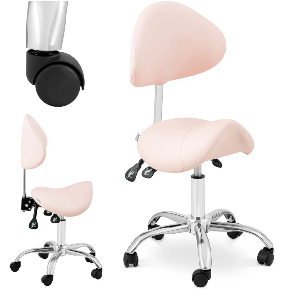 ⁨Krzesło kosmetyczne siodłowe z oparciem obrotowe regulowane MANNHEIM POWDER PINK różowe⁩ w sklepie Wasserman.eu