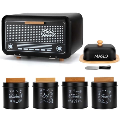 ⁨CHLEBAK RETRO RADIO Z MASELNICZKĄ I POJEMNIKAMI E-6337 CZARNY⁩ w sklepie Wasserman.eu