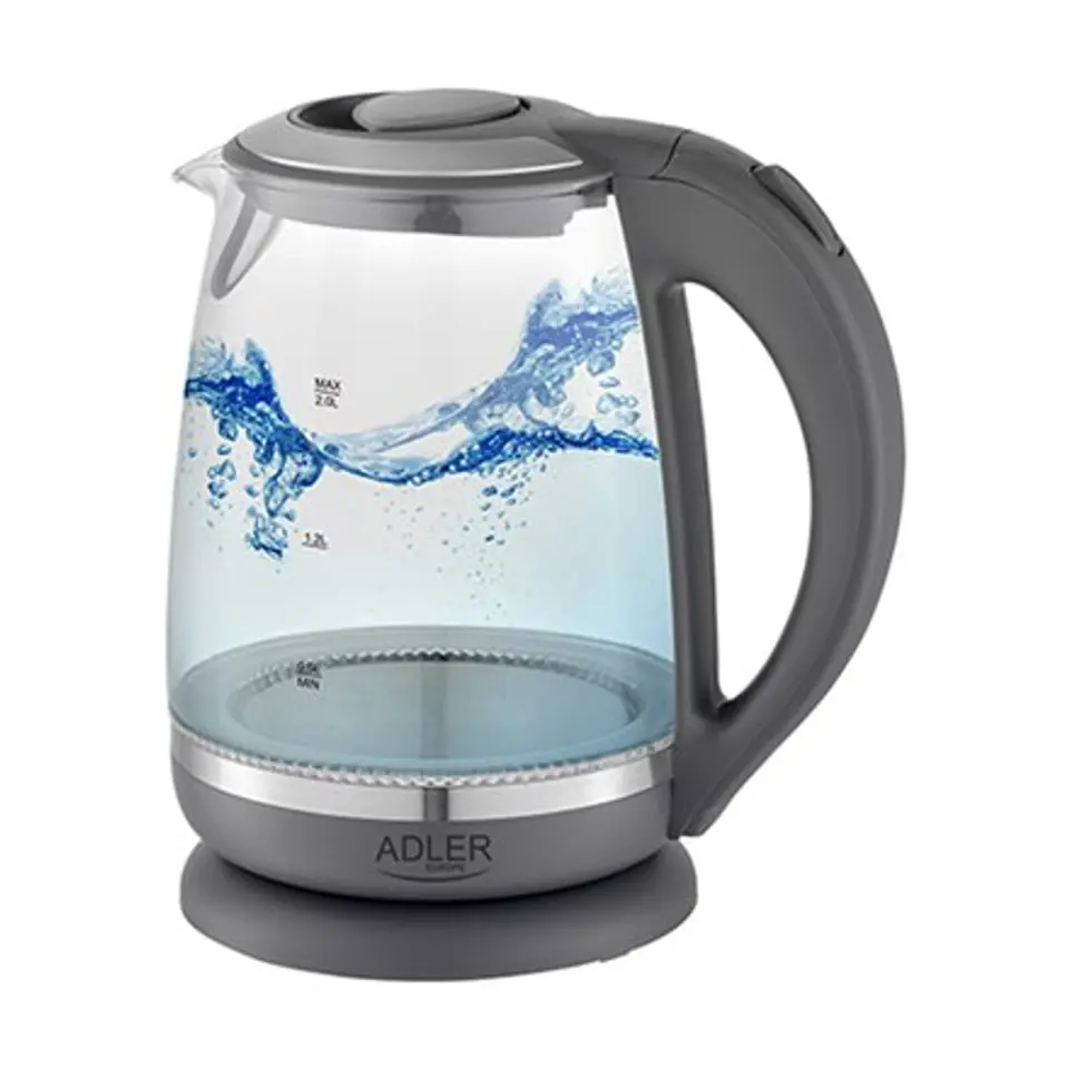 ⁨Adler Kettle AD 1286 Standard, 2200 W, 2 L, Plastic/ glass, Grey/ transparent, 360° rotational base⁩ at Wasserman.eu