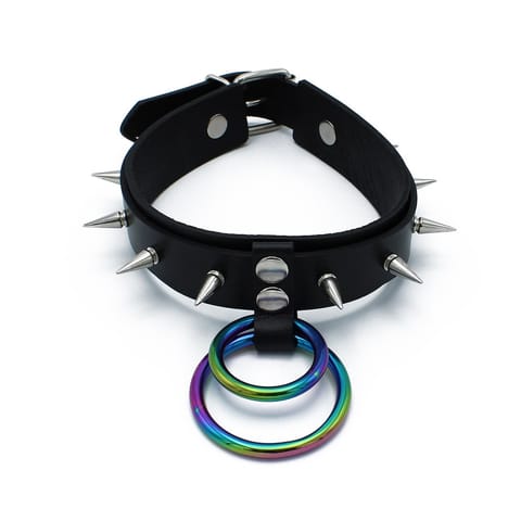 ⁨Kiotos Leather Black Leather Spiked Collar Double Rainbow O-Ring⁩ w sklepie Wasserman.eu