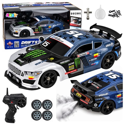 ⁨Samochód Sportowy RC Drift 4WD Wymienne Koła Dym Srebrno-Niebieski 1:16⁩ w sklepie Wasserman.eu