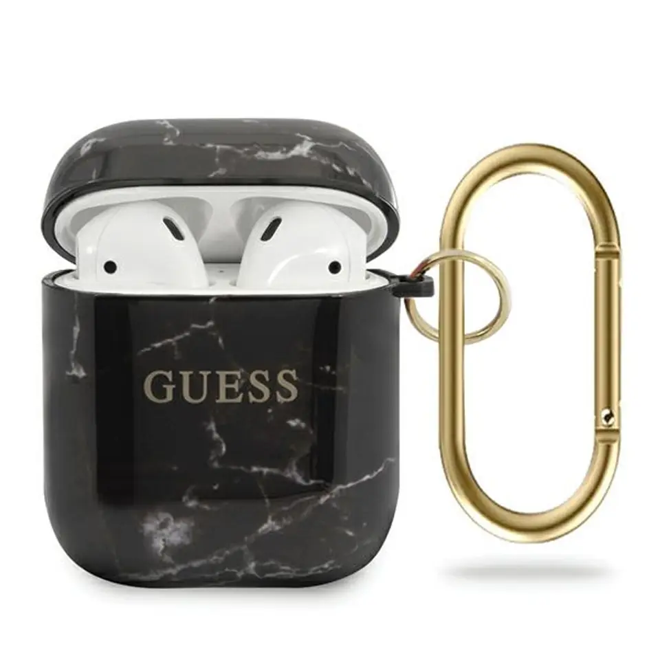 ⁨Guess GUACA2TPUMABK AirPods 1/2 cover czarny/black Marble Collection⁩ w sklepie Wasserman.eu