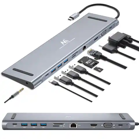 ⁨Adapter HUB stacja dokująca USB Maclean, Type-C - HDMI / USB 3.0 / USB-C / VGA/ RJ-45, aluminiowa obudowa, MCTV-850⁩ w sklepie Wasserman.eu