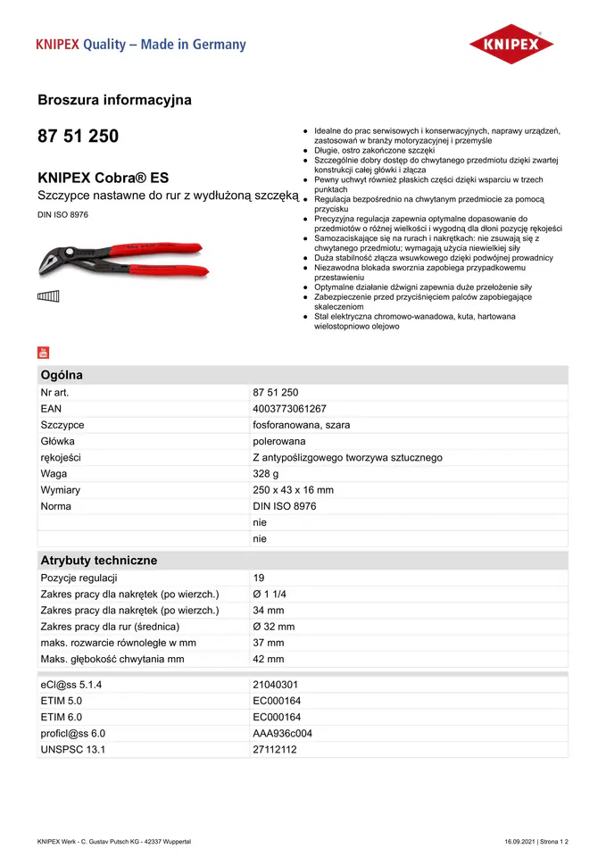 ⁨COBRA PIPE PLIERS WITH ELONGATED 250MM⁩ at Wasserman.eu