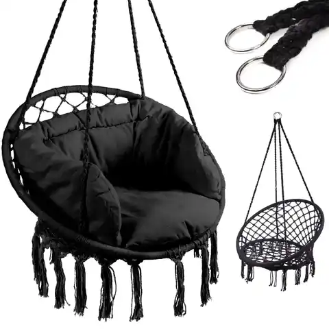 ⁨Huśtawka fotel bocianie gniazdo z oparciem czarna 80cm + poduszki 120kg⁩ w sklepie Wasserman.eu