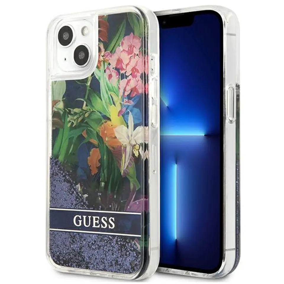 ⁨Guess GUHCP13SLFLSB iPhone 13 mini 5,4" niebieski/blue hardcase Flower Liquid Glitter⁩ w sklepie Wasserman.eu