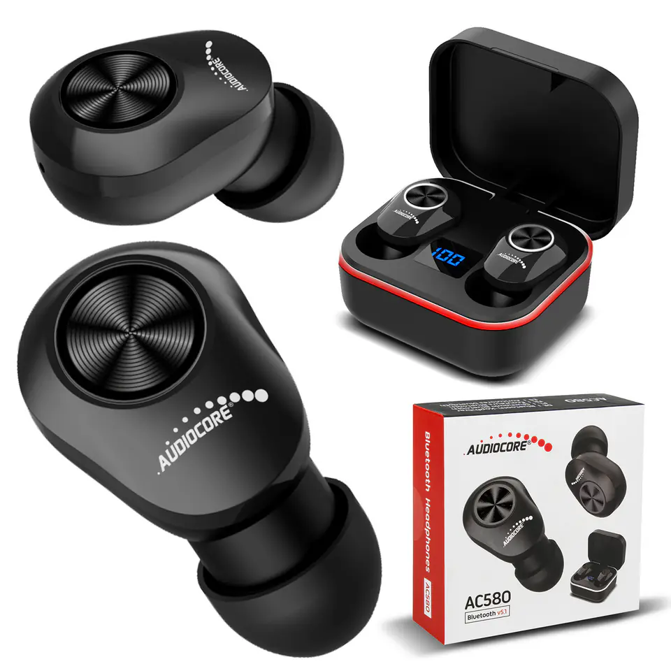 Douszne słuchawki TWS BT 5.1 Audiocore z bazą do ładowania 300mAh, słuchawki 30mAh, czarne AC580 w sklepie Wasserman.eu