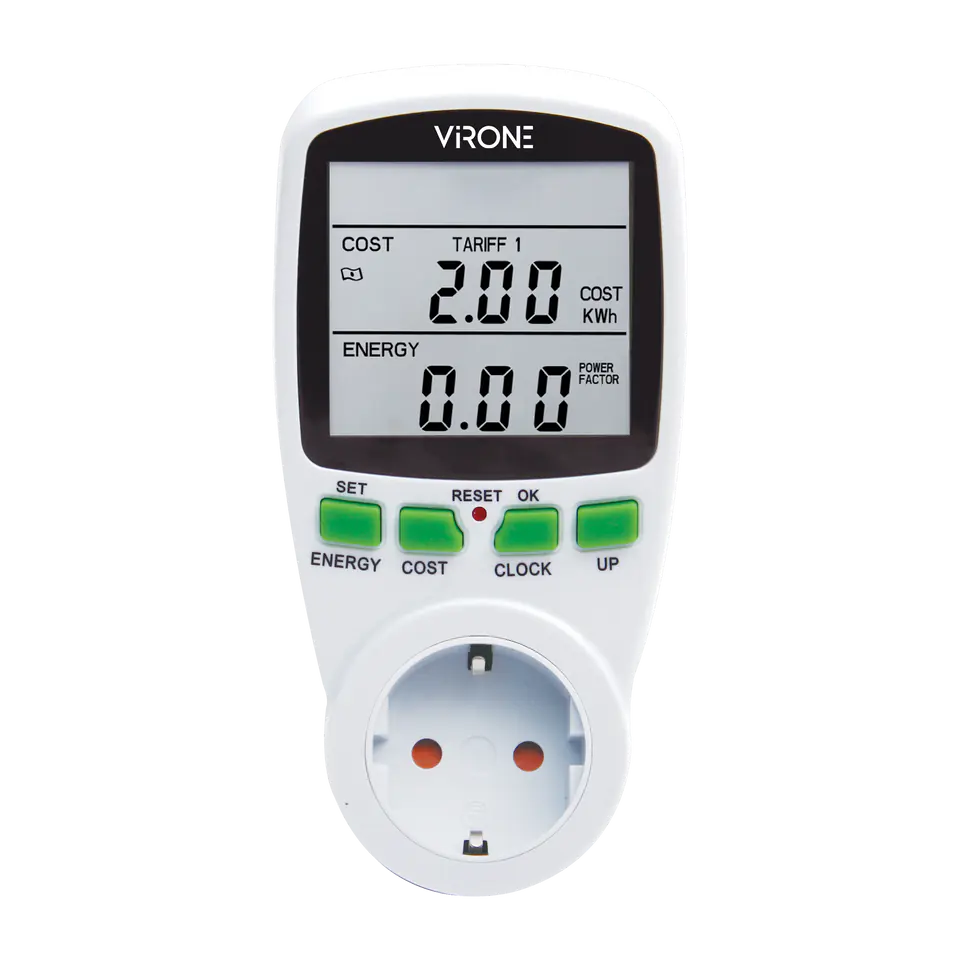 Dual tariff watt-meter, energy calculator with LCD display, 2 separate tariffs, internal battery, Schuko version at Wasserman.eu
