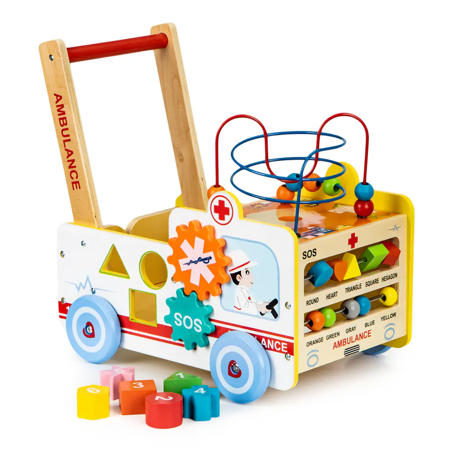 ⁨Drewniany pchacz edukacyjny 2w1 kostka + klocki - Karetka ECOTOYS⁩ w sklepie Wasserman.eu