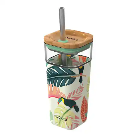 ⁨Quokka Liquid Cube - Glass cup 540 ml with stainless steel straw (Toucans)⁩ at Wasserman.eu