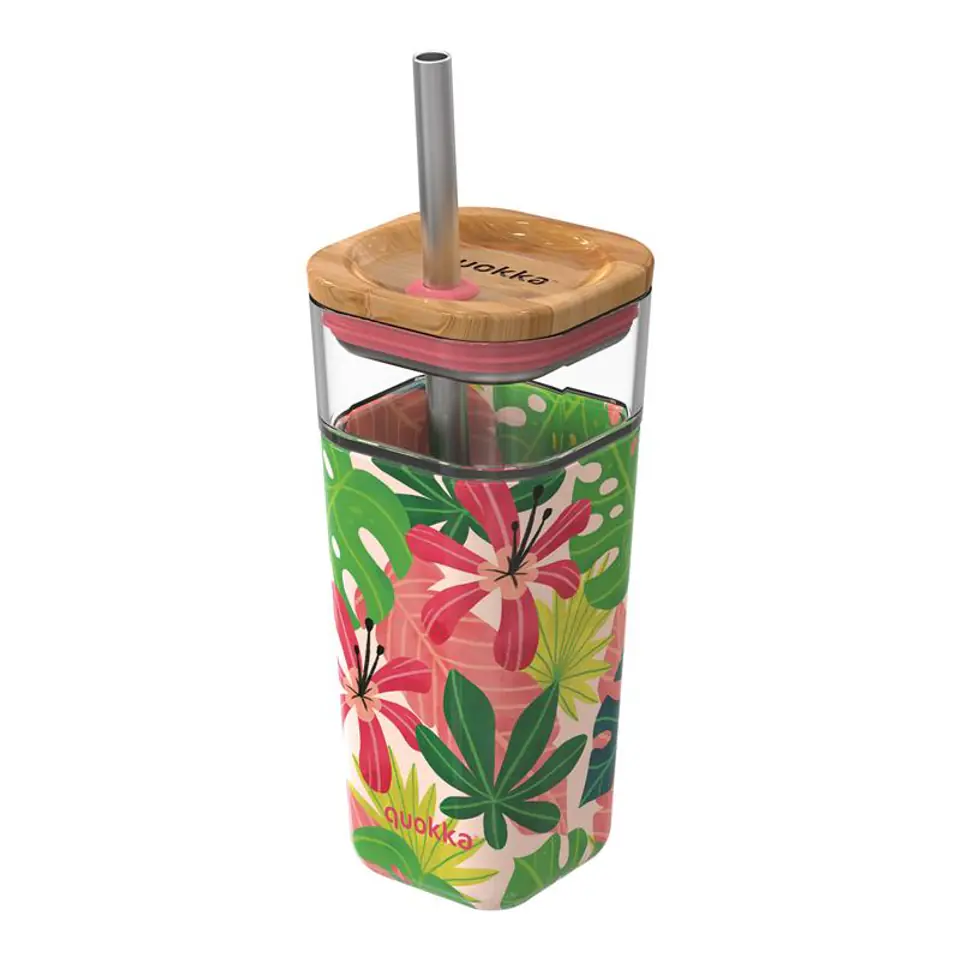 ⁨Quokka Liquid Cube - Glass cup 540 ml with stainless steel straw (Pink Jungle)⁩ at Wasserman.eu