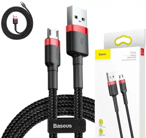 ⁨Micro USB Cable 2.4A 1m Quick Charge 3.0 Fast Charging Baseus Cafule Nylon Cable (CAMKLF-B91) Red + Black⁩ at Wasserman.eu