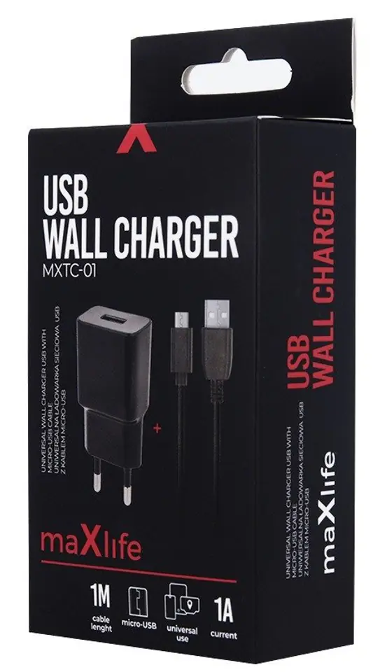 ⁨Ładowarka sieciowa zasilacz 1A Maxlife +kabel Micro USB czarna⁩ w sklepie Wasserman.eu