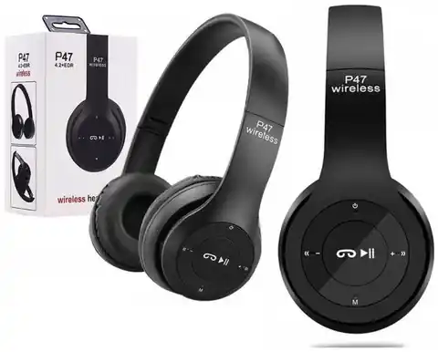 ⁨Słuchawki składane Bezprzewodowe P47 Bluetooth 4.2 EDR Mikrofon MicroSD MP3 czarne⁩ w sklepie Wasserman.eu
