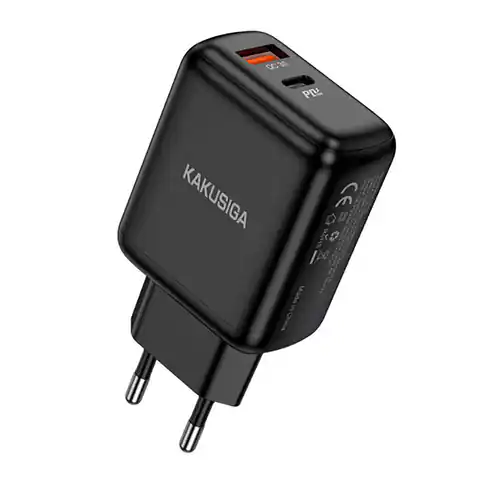 ⁨AC charger (PD 30W USB type C + QC3.0 USB) Kakusiga Dual Port EU Charger KSC-668 black⁩ at Wasserman.eu