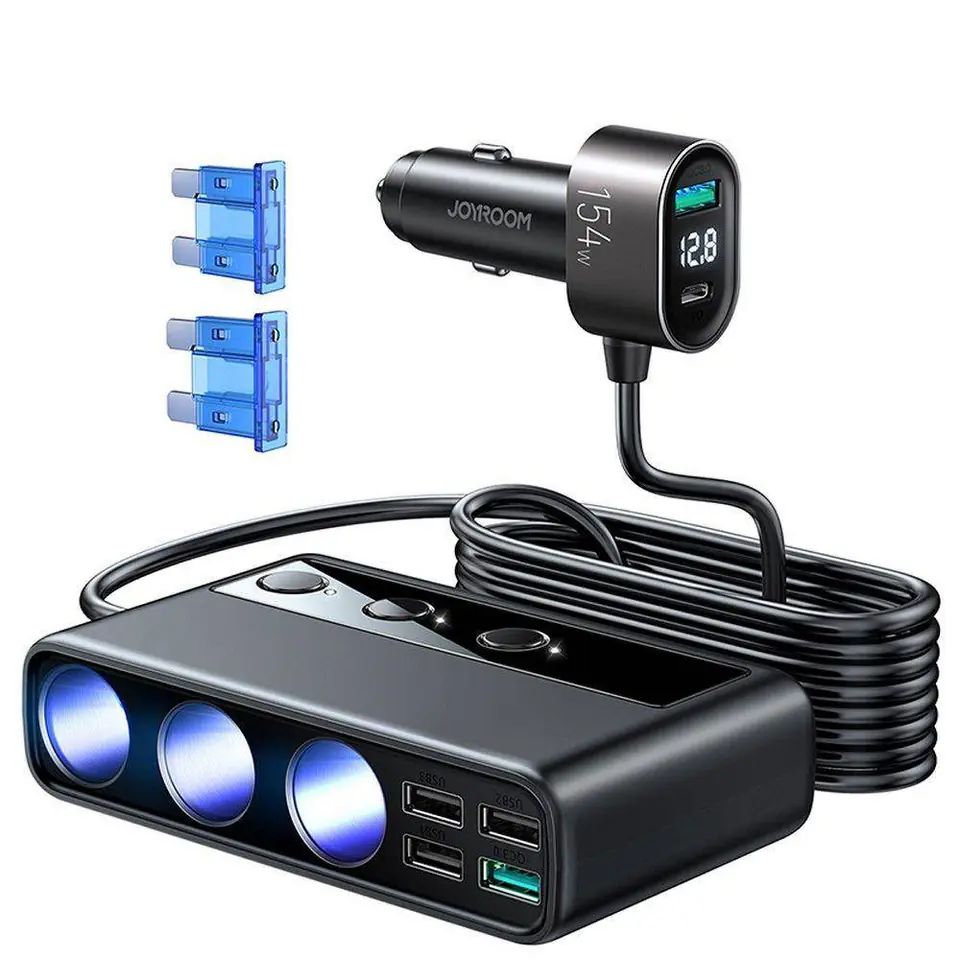 ⁨Ładowarka Samochodowa 5xUSB QC3.0 + USB typ C PD 154W 3A (Kabel 1m) Joyroom Multi-Port USB Car Charger (JR-CL06) czarna⁩ w sklepie Wasserman.eu