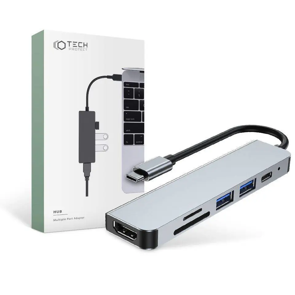 ⁨Rozdzielacz 6w1 USB HUB USB-C na 2xUSB + HDMI + USB-C + Czytnik Kart SD + micro SD Adapter Tech-Protect V4-HUB szary⁩ w sklepie Wasserman.eu