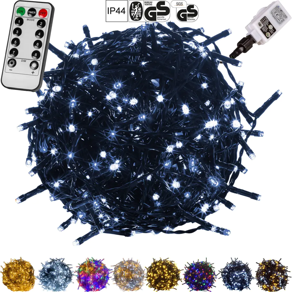 100 LED Cold White Lights 10m Green IP44 Cable Remote Control and Programmer at Wasserman.eu
